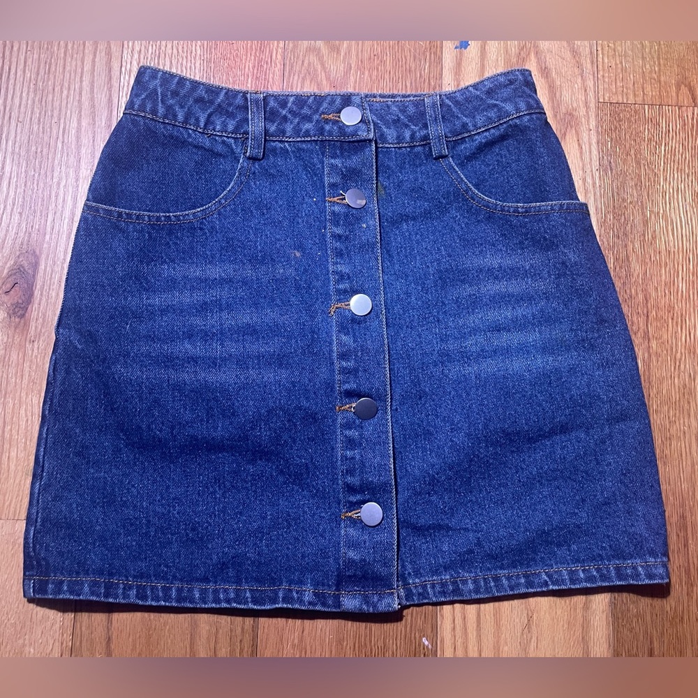Lulu's Blue Denim Button-Front Mini Skirt 
Has a small paint stain (4th photo)
